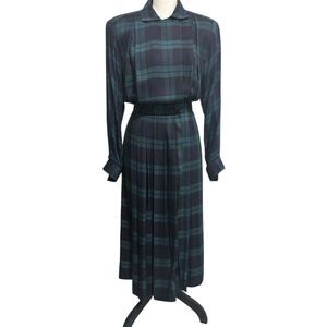 Vintage Lorraine Parish Tartan Plaid Midi Dress Sz S Navy Green Long Sleeve